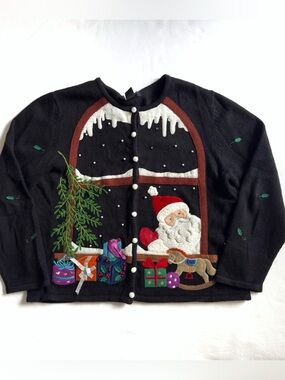 Hampshire Studios Snow Santa Christmas Cardigan Sweater XL Button Up Beads Holly